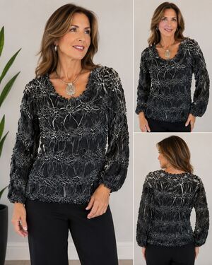 Origami Magic Scarf Crinkle Stretch‎ Textured Blouse One Size Black Gray